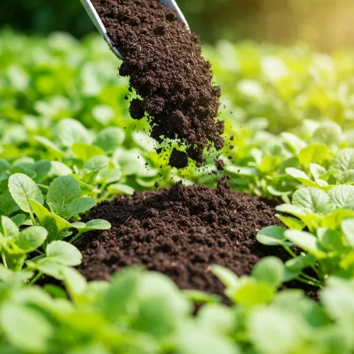 Rich, dark compost being added to a vibrant home garden