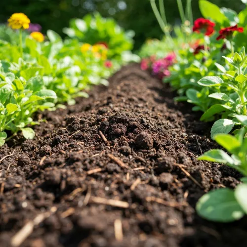 Pile of rich, dark premium compost with gardening tools